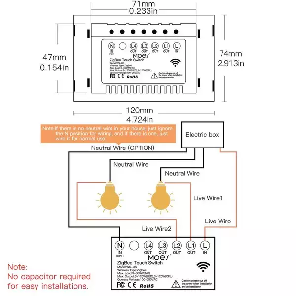 Interruptor Smart Pared Táctil ZigBee 1 Canal 600W 220V - Imagen 4